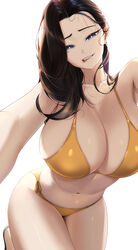  bikini biting_own_lip black_hair blue_eyes blueorca breasts brown_hair cleavage collarbone female highres huge_breasts long_hair mole mole_on_stomach mole_under_eye mole_under_mouth original parted_lips simple_background solo swimsuit white_background yellow_bikini 