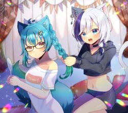  1other :d animal_ear_fluff animal_ears awoo_watabe black_hoodie black_shorts blue_eyes blue_hair blurry blurry_background bow braiding_hair breasts brown_eyes cat_ears cat_girl cat_tail closed_mouth collarbone commentary_request commission commissioner_insert crop_top curtains depth_of_field drawstring ear_piercing english_commentary female grey_hair hair_between_eyes hair_ornament hairbow hairclip hairdressing hood hood_down hoodie indie_virtual_youtuber kou_hiyoyo long_sleeves mixed-language_commentary multicolored_hair oerba_yun_fang off_shoulder pennant piercing puffy_long_sleeves puffy_sleeves purple_hair rhea_aitken shirt short_shorts short_sleeves shorts skeb_commission small_breasts smile streaked_hair string_of_flags tail virtual_youtuber white_bow white_shirt 