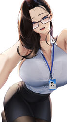  :d black_hair black_skirt blue_eyes blueorca bra_visible_through_clothes breasts brown_hair cleavage collarbone female glasses highres huge_breasts id_card lanyard long_hair miniskirt mole mole_under_eye mole_under_mouth office_lady open_mouth original pantyhose pencil_skirt simple_background skirt smile solo white_background 