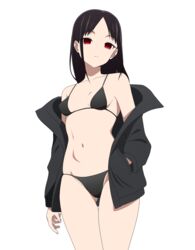  absurdres ass_visible_through_thighs bikini black_bikini black_hair black_jacket breasts closed_mouth coro_fae cowboy_shot female hair_down hand_in_pocket highres jacket kaguya-sama_wa_kokurasetai_~tensai-tachi_no_renai_zunousen~ long_hair looking_at_viewer micro_bikini navel off_shoulder open_clothes open_jacket parted_bangs perky_breasts red_eyes shinomiya_kaguya simple_background small_breasts solo stomach straight_hair swimsuit thighs white_background 