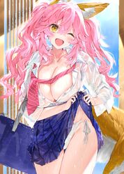  ;d absurdres animal_ear_fluff animal_ears breasts cleavage collarbone commentary_request fate/extra fate/grand_order fate_(series) female fox_ears fox_girl fox_tail hair_between_eyes happy highres kou_mashiro large_breasts long_hair looking_at_viewer no_bra one_eye_closed open_mouth panties pink_hair shirt side-tie_panties sidelocks smile solo tail tamamo_(fate) tamamo_no_mae_(fate/extra) thighs twintails underwear wet wet_clothes wet_hair wet_shirt yellow_eyes 