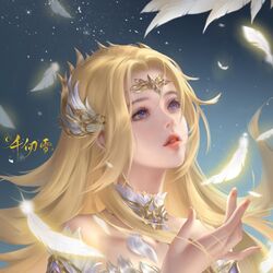  artist_request bare_shoulders blonde_hair blue_eyes bright_pupils detached_collar douluo_dalu dust falling_feathers feathers female floating_hair hair_ornament hand_up highres long_hair looking_up parted_lips qian_renxue_(douluo_dalu) second-party_source solo teeth upper_body white_pupils 