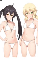  2girls absurdres bikini black_hair blonde_hair blush bracelet breasts brown_eyes cleavage closed_mouth collarbone cropped_legs front-tie_bikini_top front-tie_top green_eyes grin groin hair_between_eyes hand_on_own_hip highres idolmaster idolmaster_cinderella_girls idolmaster_cinderella_girls_u149 jewelry long_hair looking_at_viewer matoba_risa mrhunking multiple_girls navel sakurai_momoka sidelocks small_breasts smile standing stomach swimsuit teeth thighs twintails very_long_hair white_background white_bikini 