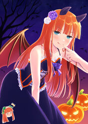  :p absurdres animal_ears blue_eyes blush collarbone commentary_request demon_wings female flower hair_flower hair_ornament halloween highres horse_ears horse_girl jack-o&#039;-lantern night orange_hair sakurakkuma silence_suzuka_(umamusume) sleeveless smile solo tongue tongue_out umamusume wings 