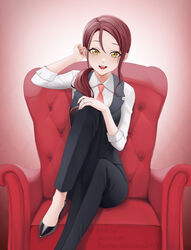  :d absurdres akaisu black_footwear black_pants black_vest collared_shirt dark_red_hair female formal hair_between_eyes hair_over_shoulder high_heels highres long_hair long_sleeves looking_at_viewer love_live! love_live!_sunshine!! necktie open_mouth pant_suit pants pink_background pink_necktie pumps red_hair sakurauchi_riko shirt sitting smile solo suit twitter_username vest watermark white_shirt wing_collar yellow_eyes 