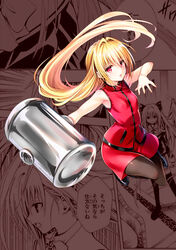  black_cat_(series) black_pantyhose blonde_hair boots commentary_request eve_(black_cat) female hammer long_hair looking_at_viewer official_art paneled_background pantyhose pink_eyes red_skirt shoes skirt solo transformation very_long_hair yabuki_kentarou 