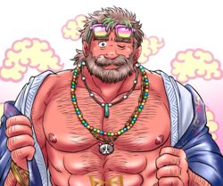  1boy bara bare_pectorals bead_necklace beads bear_necklace beard chain_necklace chains chest_hair dark-skinned_male dark_skin eyewear_on_head facial_hair grey_hair hairy japanese_clothes jewelry kimono large_pectorals looking_at_viewer male_focus mature_male moustache muscular muscular_male necklace nipples old old_man one_eye_closed open_clothes open_kimono pectorals pikako182 pink-framed_eyewear solo sunglasses thick_eyebrows tianzun_(housamo) tokyo_afterschool_summoners undressing wrinkled_skin 