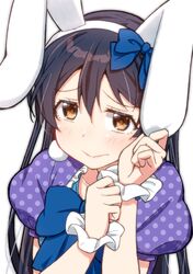  animal_ears blue_hair blue_ribbon blush female hair_between_eyes hair_ornament hair_ribbon kemonomimi_mode long_hair looking_at_viewer love_live! love_live!_school_idol_festival love_live!_school_idol_project polka_dot rabbit_ears ribbon short_sleeves simple_background skull573 solo sonoda_umi white_background yellow_eyes 