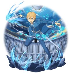  1boy bad_id black_footwear blonde_hair blue_eyes blue_flower blue_pants blue_rose blue_rose_sword crystal eugeo falling_petals flower full_body highres holding holding_sword holding_weapon ice ice_flower indoors leg_up male_focus official_art open_mouth outstretched_arms pants petals rose rose_petals running school_uniform sheath solo sword sword_art_online sword_art_online:_alicization sword_mastery_academy_school_uniform transparent_background unsheathed v-shaped_eyebrows weapon 