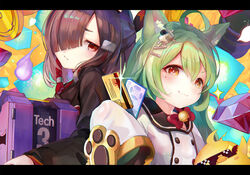  2girls :3 ahoge akashi_(azur_lane) animal_ear_fluff animal_ears azur_lane bird black_hair blunt_bangs box buttons cat_ears chick closed_mouth coin commentary_request credit_card cube deal_with_it_(meme) diagonal_bangs double-breasted expressionless gem gem_(azur_lane) green_hair hair_between_eyes hair_over_one_eye half_updo holding holding_box japanese_clothes jitome kimono letterboxed long_hair looking_at_viewer manjuu_(azur_lane) medium_hair meme mole mole_under_eye multiple_girls red_eyes shiranui_(azur_lane) sleeves_past_fingers sleeves_past_wrists smile split_mouth tech_box_(azur_lane) tocope very_long_sleeves wisdom_cube_(azur_lane) yellow_eyes 