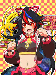  black_hair blue_hair breasts cleavage commentary_request cropped_jacket female hair_ribbon hanjo_tv highres jacket kimino_miya long_hair looking_at_viewer midriff mitokon multicolored_hair navel open_clothes open_jacket open_mouth ponytail red_hair ribbon skirt solo stomach virtual_youtuber 