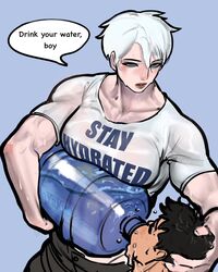  1boy ayaki_blade biceps black_hair blue_eyes blush breasts broad_shoulders clothes_writing collarbone drinking english_text female head_grab highres holding muscular muscular_female original pants shirt short_hair speech_bubble stay_hydrated water watermaid_(ayaki_blade) white_hair 