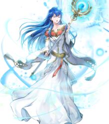  blue_hair bridal_gauntlets closed_eyes collarbone dress elice_(fire_emblem) female fire_emblem fire_emblem:_mystery_of_the_emblem fire_emblem_heroes full_body glowing glowing_staff gold_trim highres holding long_dress long_hair long_sleeves non-web_source official_art open_mouth solo staff transparent_background wada_sachiko white_dress wide_sleeves 