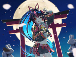  black_hair blue_hair breasts bridal_gauntlets cleavage commentary_request cropped_jacket female full_moon hair_ribbon hanjo_tv harunovt highres jacket kimino_miya long_hair looking_at_viewer midriff moon multicolored_hair navel night night_sky one_eye_closed open_clothes open_jacket open_mouth ponytail red_eyes red_hair ribbon skirt sky solo stomach torii virtual_youtuber 