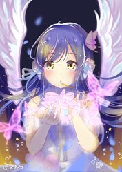  angel_wings blue_hair blush bug butterfly butterfly_hair_ornament depe feathered_wings female flower hair_between_eyes hair_flower hair_ornament long_hair looking_at_viewer love_live! love_live!_school_idol_festival love_live!_school_idol_project microphone parted_lips purple_butterfly solo sonoda_umi white_wings wings x_hair_ornament yellow_eyes 