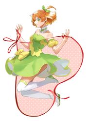  bad_id bad_twitter_id bob_cut bow dress female freyja_wion green_dress hairbow heart_ribbon highres jumping macross macross_delta orange_hair pote-mm ribbon short_hair solo thighhighs zettai_ryouiki 