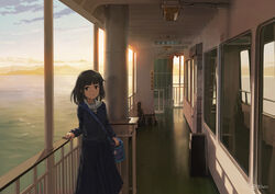  8sets artist_name bad_id bad_pixiv_id bag black_hair blue_cardigan blue_skirt blue_sky bob_cut cardigan ceiling_light cloud commentary_request female fence ferry_(ship) highres long_skirt long_sleeves looking_at_viewer original outdoors reflection sailor_collar school_bag school_uniform serafuku ship short_hair skirt sky solo standing sunset twitter_username watercraft watermark white_sailor_collar window 