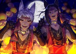  2boys animal_ears bad_id bad_pixiv_id black_hair claw_pose dark-skinned_male dark_skin halloween halloween_costume highres jack-o&#039;-lantern jamil_viper jewelry kalim_al-asim long_hair long_sleeves looking_at_viewer male_focus multiple_boys night open_mouth ponytail pumpkin red_eyes smile tattoo twisted_wonderland white_hair wolf_ears yzumyy 