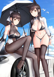  2girls adjusting_clothes animal_ears artist_name ass_visible_through_thighs atago_(azur_lane) atago_(stunning_speedster)_(azur_lane) azur_lane bare_shoulders bikini bird black_bikini black_bow black_footwear black_hair blue_sky blush bodystocking bow breasts brown_eyes car checkered_flag cleavage cleavage_cutout closed_mouth clothing_cutout cloud cloudy_sky collarbone commentary day extra_ears feet_out_of_frame fine_fabric_emphasis flag floppy_ears footwear_bow high_heels highres kep_(ahokep) leotard logo long_hair long_sleeves looking_at_viewer md5_mismatch midriff mole mole_under_eye motor_vehicle multicolored_leotard multiple_girls navel official_alternate_costume on_vehicle outdoors pantyhose ponytail race_queen ribbon saleen saleen_s7 seagull shrug_(clothing) sidelocks sitting sitting_on_car skindentation sky sleeve_cuffs smile stomach strap_gap swept_bangs swimsuit takao_(azur_lane) takao_(full_throttle_charmer)_(azur_lane) two-tone_bikini two-tone_leotard very_long_hair white_bow white_footwear white_ribbon wrist_cuffs 