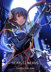  breasts crossbow feather_hair_ornament feathers female hair_ornament highres kyoka_eden large_breasts logo night night_sky official_art pantyhose ponytail purple_hair red_eyes scarlet_nexus see-through see-through_legwear sky skyline solo uniform weapon 