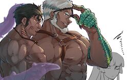  2boys abs aegir_(housamo) anchor_earrings aqua_hair areolae arm_up bara beard blue_eyes chest_harness dagon_(housamo) dark-skinned_male dark_skin earrings eyewear_on_head facial_hair female fingernails fins fish_boy from_side grey_hair harness jewelry large_pectorals long_sideburns male_focus mature_male multicolored_hair multiple_boys muscular muscular_male noramoso official_alternate_costume pectorals protagonist_2_(housamo) sharp_fingernails short_hair sideburns single_earring smirk staring stomach streaked_hair sunglasses tentacle thick_eyebrows tokyo_afterschool_summoners upper_body white_hair 