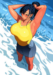  adjusting_hair armpits arms_up black_hair blush breasts competition_swimsuit female from_above mature_female one-piece_swimsuit original pencil_skirt ponytail skirt solo standing sweat swimsuit swimsuit_under_clothes tan wading water youshu_ohepe 