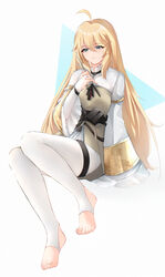  absurdres barefoot blonde_hair bodysuit closed_mouth elbow_gloves feet female full_body girls&#039;_frontline gloves grey_eyes highres holding holding_wand kolibri_(girls&#039;_frontline) leggings lips long_hair looking_away pants qiye_jiexian simple_background sitting solo toes wand white_bodysuit white_gloves white_pants wide_sleeves 