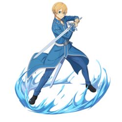  1boy bad_id black_footwear blonde_hair blue_coat blue_eyes blue_pants blue_rose_sword coat collarbone crystal eugeo full_body hair_between_eyes highres holding holding_sword holding_weapon ice long_sleeves male_focus official_art pants parted_lips school_uniform sheath solo stance sword sword_art_online sword_art_online:_alicization sword_mastery_academy_school_uniform transparent_background unsheathed weapon 