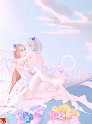  2girls absurdres ass back bare_shoulders blonde_hair blue_eyes blue_sky blush bouquet braid breasts bridge chinese_commentary cloud commentary dress elbow_gloves flower garter_straps gloves hair_flower hair_ornament highres impero_(warship_girls_r) long_hair looking_at_another medium_breasts multiple_girls nipples no_shoes on_floor open_mouth outdoors pantyhose purple_eyes qiye_jiexian sideboob sky sovetsky_soyuz_(warship_girls_r) thighhighs warship_girls_r wedding_dress white_dress white_gloves white_hair white_legwear wife_and_wife yuri 