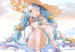  absurdres blue_eyes blue_hair blue_ribbon braid closed_mouth commentary_request dress eyes_visible_through_hair female floating_hair flower granblue_fantasy hair_flower hair_ornament hair_over_one_eye halterneck hat head_tilt highres long_hair looking_at_viewer lyria_(daughter_of_pearl)_(granblue_fantasy) lyria_(granblue_fantasy) official_alternate_costume parayang photoshop_(medium) ribbon see-through short_dress sitting sleeveless sleeveless_dress smile solo straw_hat sun_hat twin_braids very_long_hair white_dress white_flower wrist_cuffs wrist_ribbon yellow_hat 