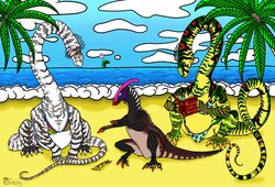  apatosaurus beach beasts_of_bermuda bikini book clothing dinosaur diplodocid dracokaito dracokaitonsfw extinct female feral group hadrosaurid hi_res humor lurdusaurus male ornithischian ornithopod parasaurolophus prehistoric_species reptile sauropod sauropodomorph scalie seaside sunny swimwear 