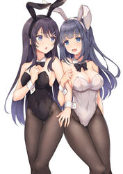  2girls absurdres animal_ears bare_shoulders black_bow black_bowtie black_hair black_legwear black_leotard blue_eyes bow bowtie breasts cleavage commentary_request commission covered_navel detached_collar grey_hair highres leotard long_hair makinohara_shouko multiple_girls open_mouth pantyhose pixiv_commission playboy_bunny purple_hair rabbit_ears rgrey00 sakurajima_mai seishun_buta_yarou simple_background standing strapless strapless_leotard white_background white_leotard wrist_cuffs 