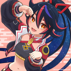  black_hair blue_hair breasts collarbone commentary_request cropped_jacket female fingernails hair_ribbon hanjo_tv harunovt highres jacket kimino_miya long_hair looking_at_viewer midriff multicolored_hair nail_polish navel oerba_yun_fang open_clothes open_jacket ponytail red_hair red_nails ribbon skirt solo stomach virtual_youtuber yellow_eyes 