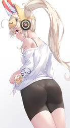  ass ayanami_(azur_lane) azur_lane bandaid bandaid_on_arm bare_shoulders bike_shorts black_shorts blonde_hair blush breasts commentary_request female from_behind gradient_background grey_background hair_between_eyes headgear headphones highres long_hair looking_at_viewer looking_back manjuu_(azur_lane) nakazawa_aki off_shoulder ponytail profile red_eyes shirt shirt_basket short_shorts shorts small_breasts solo tied_shirt very_long_hair white_background white_shirt 