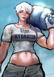  ayaki_blade blue_eyes breasts clothes_writing collarbone crop_top cropped_shirt english_text female gloves highres holding lips midriff muscular muscular_female navel on_shoulder original pants see-through shirt short_hair solo stay_hydrated toned water watermaid_(ayaki_blade) wet white_gloves white_hair 