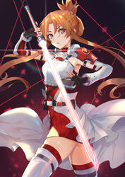  alternate_costume armor ass asuna_(sao) belt black_gloves blush breastplate breasts brown_eyes brown_hair commentary cowboy_shot female fingerless_gloves floating_hair gloves highres holding holding_sword holding_weapon ldfe_mk2 long_hair looking_at_viewer medium_breasts parted_bangs photoshop_(medium) pink_eyes red_thighhighs solo sword sword_art_online thighhighs very_long_hair weapon white_thighhighs 