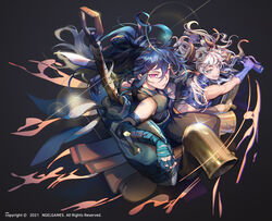  2girls animal_ears armband bandaged_arm bandages black_pants black_shirt blue_armband blue_hair breasts closed_mouth cow_ears cow_girl dark_blue_hair fingerless_gloves gloves grey_eyes hakama hakama_pants hero_cantare horns japanese_clothes long_hair looking_at_viewer motor_vehicle motorcycle multiple_girls multiple_horns official_art on_motorcycle pants pink_eyes ponytail scar scar_on_cheek scar_on_face shirt simple_background sitting smile sora_(hardcore_leveling_warrior) teeth the_god_of_high_school uma_(the_god_of_high_school) underboob white_hair yagaaaa 