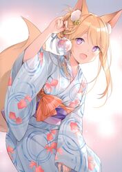  :d absurdres animal_ear_fluff animal_ears animal_print bell blonde_hair female fish_print fox_ears fox_girl fox_tail hand_up highres holding japanese_clothes jingle_bell kimono long_hair long_sleeves looking_at_viewer obi oerba_yun_fang open_mouth original purple_eyes rie_(reverie) sash scan smile solo standing tail thick_eyebrows tied_hair white_kimono wide_sleeves wind_chime yukata 