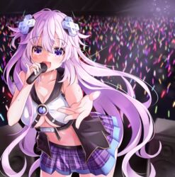  :d adult_neptune alternate_costume audience blush breasts cleavage cosplay cowboy_shot d-pad d-pad_hair_ornament female giga-tera hair_ornament hands_up holding holding_microphone leaning_forward long_hair medium_breasts microphone midriff miniskirt music neptune_(neptunia) neptune_(neptunia)_(cosplay) neptune_(series) no_bra plaid plaid_skirt pleated_skirt purple_eyes purple_hair reaching reaching_towards_viewer singing skirt smile solo stage underboob very_long_hair 