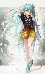  39 absurdres black_shirt blue_hair blush closed_mouth collarbone commentary dappled_sunlight female full_body green_eyes hair_between_eyes hair_ribbon hatsune_miku head_tilt highres letterboxed long_hair looking_at_viewer outdoors peropicnic pink_ribbon print_shirt red_ribbon ribbon shirt shoes short_shorts short_sleeves shorts smile sneakers solo standing sunlight t-shirt twintails very_long_hair vocaloid yellow_shorts 