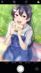  blue_hair blush commentary dandelion eating facial_recognition fake_phone_screenshot fake_screenshot female floral_print flower food hair_between_eyes hair_ornament highres holding holding_food long_hair looking_at_viewer love_live! love_live!_school_idol_festival love_live!_school_idol_project sandwich see-through sitting solo sonoda_umi symbol-only_commentary yellow_eyes yellow_flower zunda_mochi_(zundamochilala) 