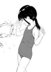  closed_eyes commentary_request dx_(dekusu) female flat_chest greyscale highres monochrome original school_swimsuit solo swimsuit twintails water wet white_background 