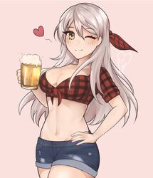  artist_name beer_mug blush breasts checkered_clothes checkered_shirt cleavage commission crop_top cropped_shirt cup denim denim_shorts female fire_emblem fire_emblem:_radiant_dawn grey_hair groin hair_ribbon hand_on_own_hip heart highres large_breasts long_hair lowleg lowleg_shorts micaiah_(fire_emblem) midriff mug navel one_eye_closed pink_background purrlucii ribbon shirt short_shorts short_sleeves shorts signature simple_background solo stomach tied_shirt twin_peaks_(restaurant) yellow_eyes 