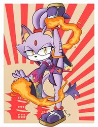  absurd_res anthro blaze_the_cat clothing domestic_cat dress felid feline felis female fire footwear hi_res japanese leg_stretch mammal mobian_monster priest raised_leg sandals sega solo sonic_the_hedgehog_(series) yellow_eyes 