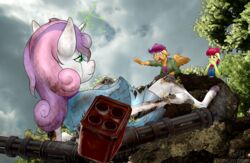  3d_background absurd_res adolescent android anthro apple_bloom_(mlp) bodily_fluids broken broken_horn cliff cloud covering covering_mouth covering_own_mouth covering_self crying cutie_mark_crusaders_(mlp) earth_pony equid equine falling female female/female fluffyorbiter friendship_is_magic gatling_gun glowing glowing_eyes group gun hair hasbro hi_res horn horse machine machine_gun mammal mechanical_arm mechanical_leg messy_hair minigun my_little_pony mythological_creature mythological_equine mythology pegasus pony ranged_weapon robot rocket_launcher sad scootaloo_(mlp) screaming smoke sparks sweetie_belle_(mlp) sweetie_bot_(mlp) tears trio unicorn weapon wings wire young 