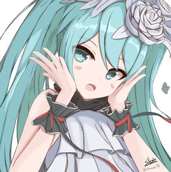  absurdres bare_shoulders bless_you_(module) blush_stickers commentary dress female flower green_eyes green_hair hair_between_eyes hair_flower hair_ornament hands_up hatsune_miku highres long_hair looking_at_viewer oerba_yun_fang open_mouth project_diva_(series) rose sato_art signature simple_background sleeveless sleeveless_dress solo twintails twitter_username upper_body vocaloid white_background white_dress white_flower white_rose wrist_cuffs 