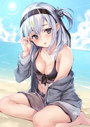  absurdres bare_shoulders beach bikini black_bikini black_headband blue_sky blush breasts cleavage clothes_writing cloud collarbone commentary_request day ebifurya fantia_reward female grey_eyes grey_hair grey_jacket hachimaki hair_between_eyes headband highres jacket kantai_collection lens_flare long_hair looking_at_viewer medium_breasts navel ocean one_side_up open_clothes open_jacket open_mouth outdoors paid_reward sand sarong see-through sky solo suzutsuki_(kancolle) suzutsuki_(swimsuit_mode)_(kancolle) swimsuit water 