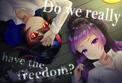  2girls akane_(akanetgms) black_hair blue_hair collarbone commentary_request dress_shirt edo_lena english_text hanjo_tv indie_virtual_youtuber kimino_miya long_hair lying lyrics multiple_girls neck_tattoo number_tattoo on_back open_collar purple_eyes purple_hair red_eyes red_hair shirt tattoo virtual_youtuber white_shirt wooden_floor yakusoku_no_neverland 