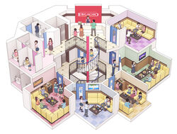  6+boys 6+girls bathroom cross_section dollhouse_view food have_to_pee highres indoors karaoke karaoke_box kissing kiyo_(kyokyo1220) microphone multiple_boys multiple_girls music original photoshop_(medium) scenery school_uniform singing sitting spiral_staircase stairs toilet toilet_use tray urinal 