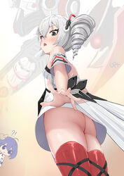  !? 2girls absurdres ass bare_shoulders bi_tian_li_de_xing blue_eyes blue_hair blush breasts bronya_zaychik bronya_zaychik_(drive_kometa) bronya_zaychik_(yamabuki_armor) commentary_request detached_sleeves dress drill_hair from_below grey_eyes grey_hair hair_between_eyes highres honkai_(series) honkai_impact_3rd looking_down multiple_girls no_panties open_mouth project_bunny red_thighhighs seele_vollerei short_sleeves sleeveless sleeveless_dress small_breasts solo_focus thighhighs upskirt white_dress 